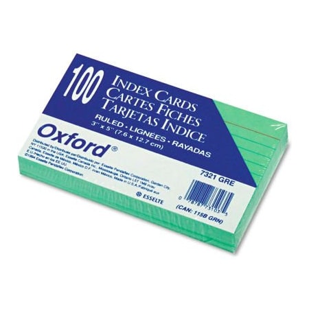 Esselte Oxford Rule Index Cards 7321GRE, 3" x 5", Green, 100/Pack 7321GRE